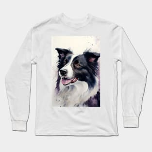 Black and White Border Collie Watercolor Portrait Long Sleeve T-Shirt